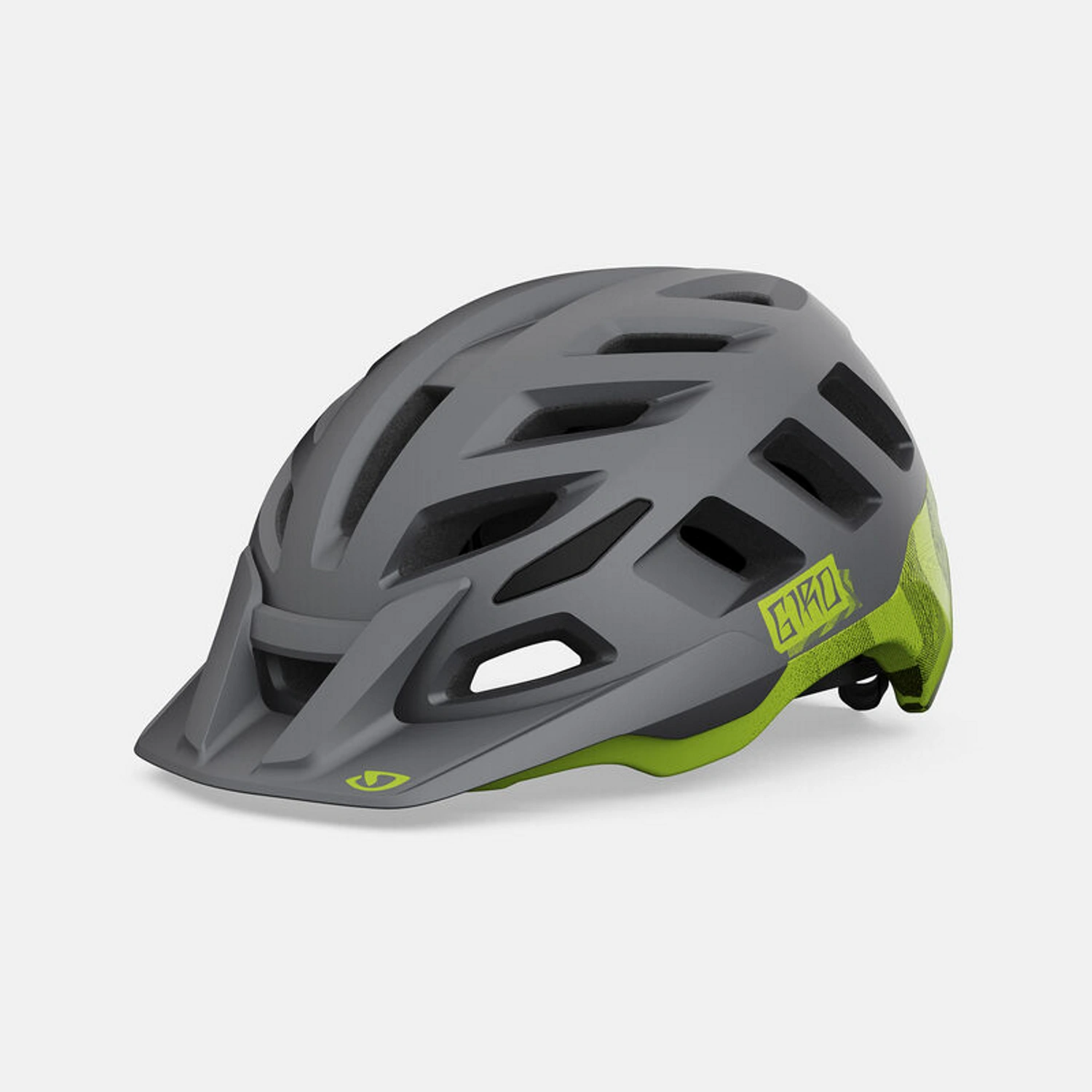 Kask rowerowy górski Giro, szary z zielonymi akcentami, przewiewny, z daszkiem