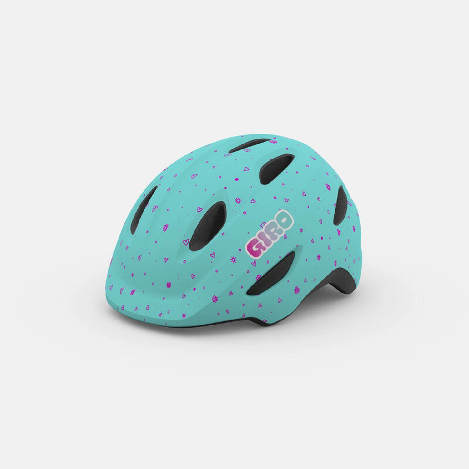 Miętowy kask rowerowy dziecięcy Giro z wzorem w kształcie serc i czarne wentylacyjne otwory