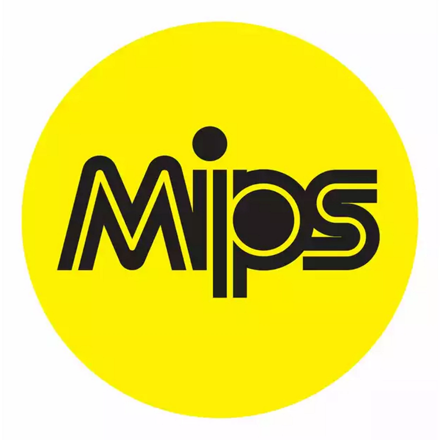 Logo MIPS, technologia kasków rowerowych zwiększająca bezpieczeństwo, na żółtym tle
